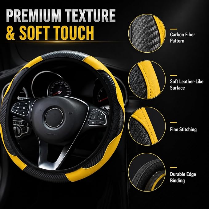 Car Steering Wheel Cover 15 inch, Microfiber PU Leather Elastic Steering Wheel Protector, Anti-Slip Breathable Car Interior Accessories for Most Cars (Yellow)