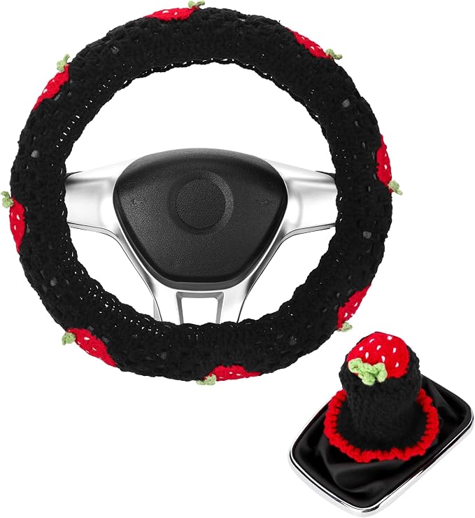 Crochet Steering Wheel Cover Set,Cute Car Steering Wheel Cover Boho 14-15in,Pink Strawberry Granny Square Pattern,Women Car Accessories (Black (Steering+Shift Knob) Cover)
