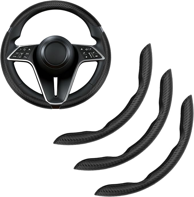 3Pcs Carbon Fiber Steering Wheel Cover Universal Fit 99% Cars | Non-slip soft grip, easy to wipe clean, quick to install, perfect for daily commutes and road trips, Black