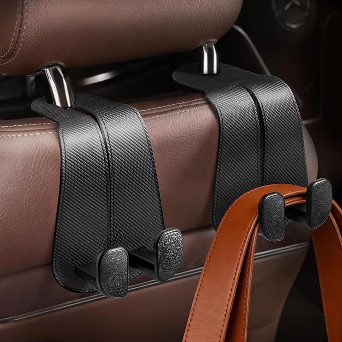CoBak Extra Wide Car Seat Back Hooks, Premium Stitched Leather Headrest Hangers with Wide Slot Structure, Universal for Any-Width Purses, Handbags, Bags (2 Pack), Carbon Fiber Black