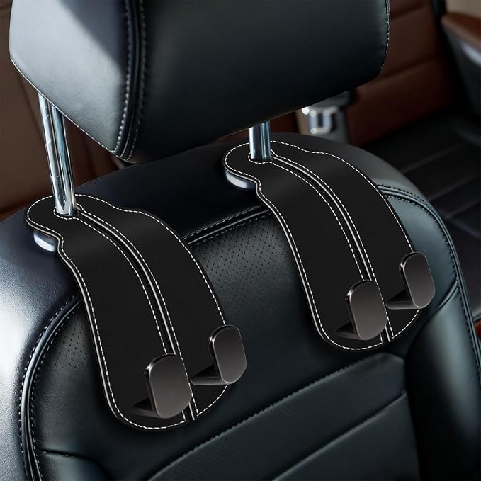 2PCS Car Seat Back Storage Headrest Hooks, Black Purse Holder Bags Hanger, Double Metal Hook for Backseat Organizer, Women Car Accessories Organization