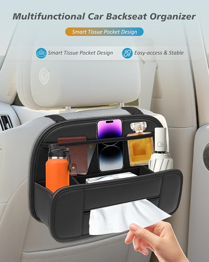 5-in-1 Car Backseat Organizer, Premium Leather Headrest Seat Back Storage Pocket with Cup Holder, Foldable Hanging Car Tissue Holder 1 Pack