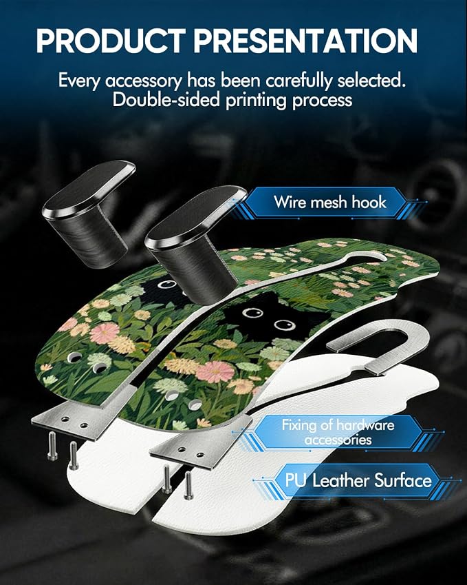 Purse Holder for Car, 2 Pack Heavy Duty Purse Hanger for Car, PU Leather Car Seat Hooks for Purses and Bags, Cute Grass Cat Headrest Organizer for Handbags & Backpacks
