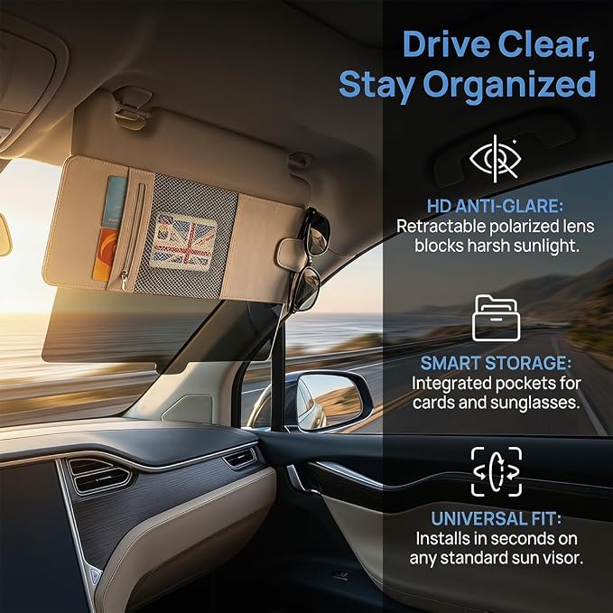 Craedli Car Sun Visor Extender Organizer, 2 in 1 Anti-Glare Sunshade with Magnetic Sunglasses Holder & Mesh Pouch, Multifunctional Adjustable Auto Interior Storage Accessories (LightGray)