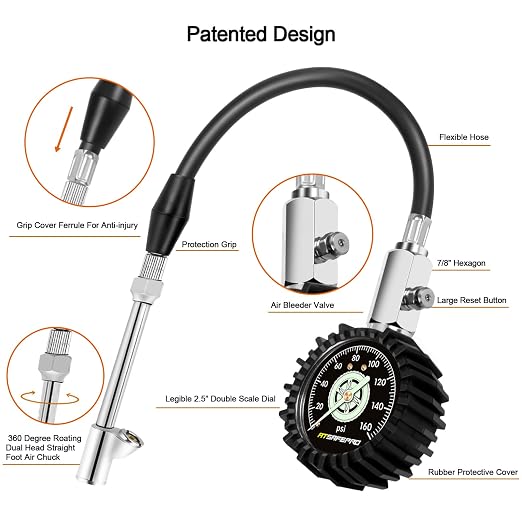 Tire Pressure Gauge 160PSI, Dual Head Air Pressure Gauge for Truck, Semi Truck, ATV, RV & Motorhome with Dually Tires, Heavy Duty Tire Pressure Gauge…