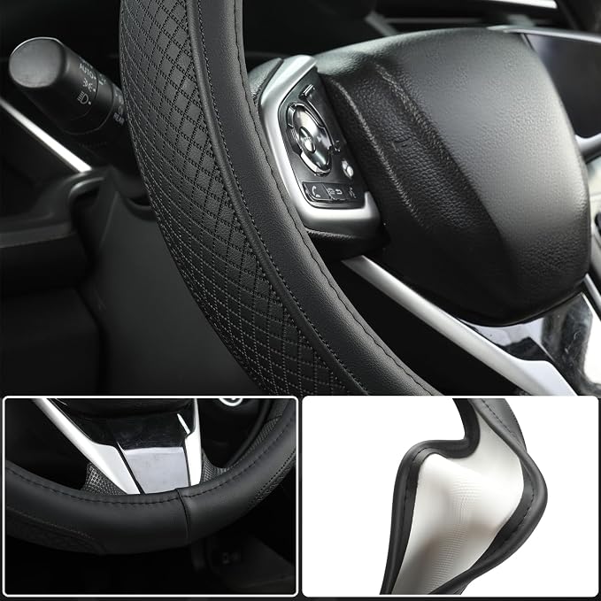 Customized Auto Car Steering Wheel Cover for Honda Accord Civic CR-V HR-V Pilot Fit Passport Odyssey 14.5-15inch(Black-Standard Size)