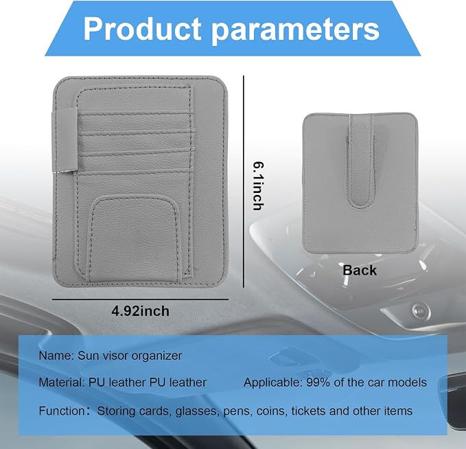 Car Sun Visor Organizer, Small Auto Visor Organizer and Storage, Registration and Document Holder, Vehicle Accessories for Sunglasses, Document, Card, Pen, Driver License (Gray)