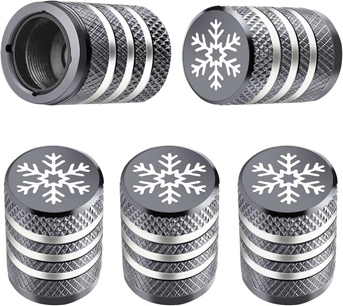 Tire Valve Stem Cap Cover - (5 Pack) Tire Air Caps Metal with Plastic Liner Corrosion Resistant Leak-Proof Snow Snowflake for Car Motorcycle Bike Grey