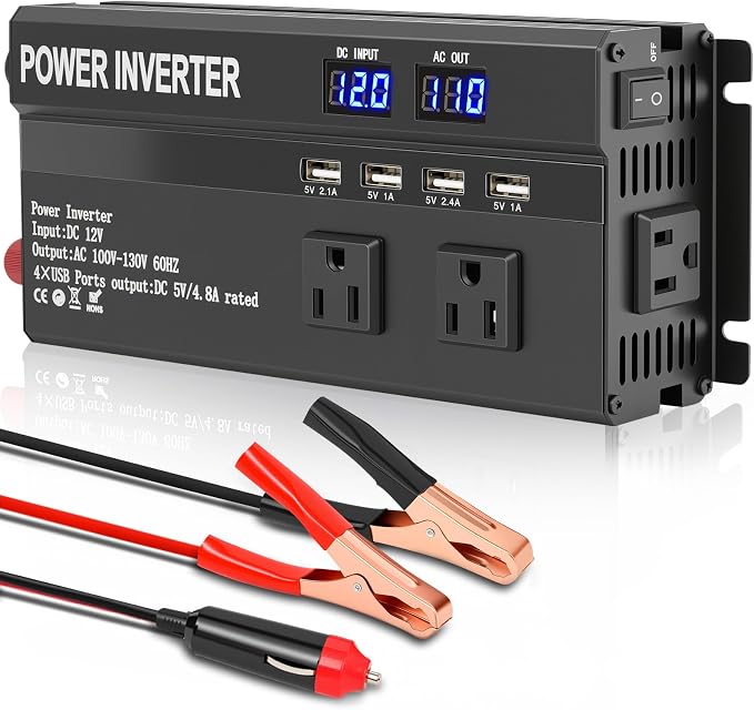 1200W Power Inverter, 12v to 110V AC Car Inverter with Fast Charging 2.4A USB and 3 AC Outlets Ideal for Road Trips, Camping, RV, Truck, Solar, and Vehicle Power Needs