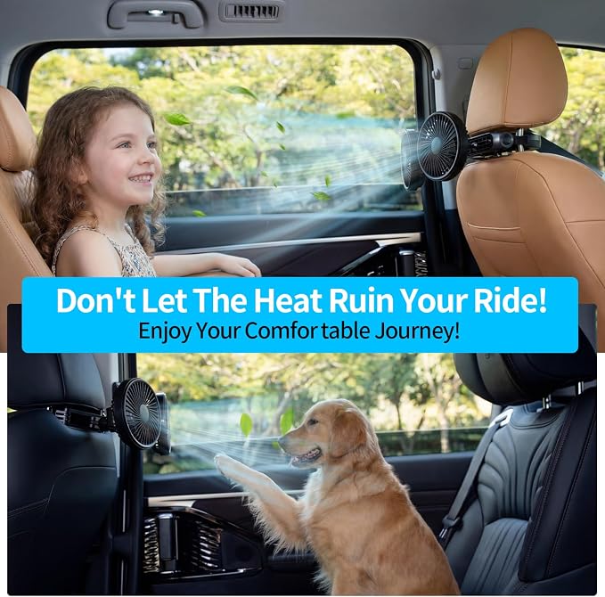 Pelidox Car Fan for Backseat - 3 Speeds 360° Rotation Dual Head USB Back Seat Cooling Fan Kids Baby Quiet Fan with LED Display for Almost Vehicle Jeep Van RV Truck