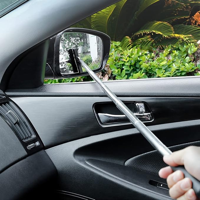 Car Rearview Mirror Wiper, American Flag Telescopic Auto Mirror Squeegee Cleaner, Glass Mist Cleaning Tool with Retractable 98cm Handle, Portable Car Windows Water Removal (Pink/Car Logo)