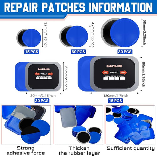 150 Pcs Tire Patches 5 Sizes Rubber Radial Tire Repair Patch Plug Kit Heavy Duty Emergency Repair Tool for Puncture Car Truck Bus Tractor Vehicle Motorcycle 32, 42, 58, 65x80, 85x120 mm