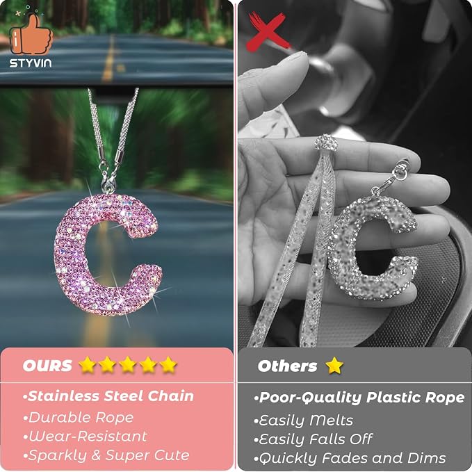 Bling Pink Car Accessories for Women Letter Charm, Rainbow Color Rear View Mirror Cute Crystal Pendant Car Decorations, Lucky Gifts Girly Diamond Rhinestone Charm Interior C
