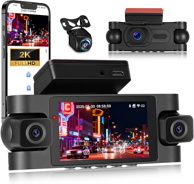 360° 4 Channel 2K Dash Cam Front and Rear Inside,3 Inch Dash Camera for Cars Car Camera Built in GPS with APP Control,IR Night Vision,Loop Recording,G-Sensor,Parking Assistance,24H Parking Monitor