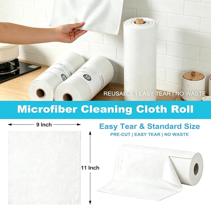 55 Pack Microfiber Cleaning Cloth Roll, Tear Away Reusable Towels, 11" X 9", Ultra Absorbent & Lint Free Microfiber Cloth for Cleaning Cars, Kitchen, Window, and Shop (White, 9”X11”-55PK)
