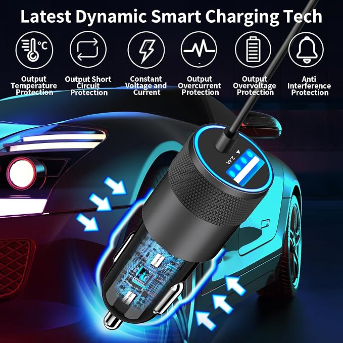 【Apple MFi Certified】iPhone 17 Car Charger, Caiinei 4.8A USB Car Power Cigarette Lighter Adapter USB-C Carplay Fast Charger + 6FT Type-C Cord for iPhone 17/17 Air/17 Pro Max/16/15/Galaxy S25/S24/Pixel