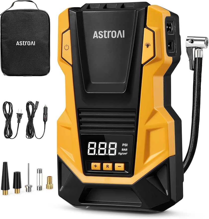 110V AC/12V DC Tire Inflator Portable Air Compressor, Dual Power Electric Air Pump with 150PSI Max Pressure & LED Light, Fast Inflation for Cars, Bikes, Motorcycles, and Inflatables, Yellow