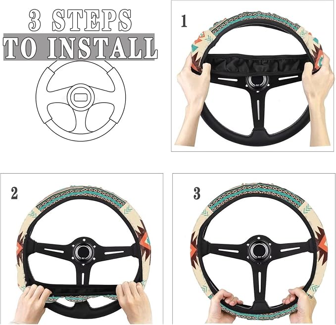 Southwest Aztec Beige Cyan Auto Steering Wheel Cover for Women Men, Universal 15 Inch Soft Elastic Steering Wheel Wrap Anti-Slip Easy to Install Car Accessories
