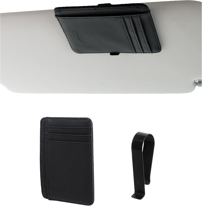 Magnetic Card Holder for Vehicle - Minimalist Leather RFID Blocking Credit Card Holder - Travel Wallets for Car Visor Organizer (Black)