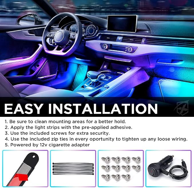 Dreamcolor LED Neon Car Interior Bluetooth Lights Strip with Remote & APP Control, Footwell Under Dash RGB Chasing Inside Light Kits, Cigarette Adapter for Vehicle Internal Trucks SUV UTV ATV