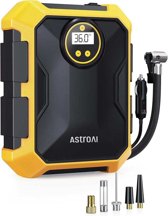 Tire Inflator Portable Air Compressor 12V DC 100PSI, Integrated Storage, Digital Gauge, Auto Shut-Off Fast Inflation LED Light, Air Pump for Car Tires Bike Motorcycle Other Inflatables, Yellow