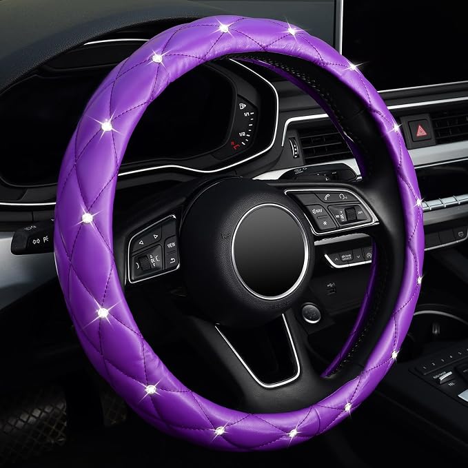 Diamond Soft Leather Steering Wheel Cover with Bling Bling Crystal Rhinestones, Universal 15 inch, Purple