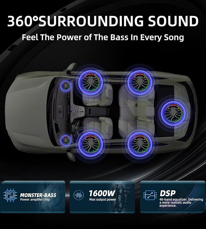2026 Upgraded 1600W 10" Ultra-Slim Active Under Seat Car Subwoofer Built-in Amplifier & LED Lights | Distortion-Free Bass | Low Pass Filter, Gain & Bass Boost Control
