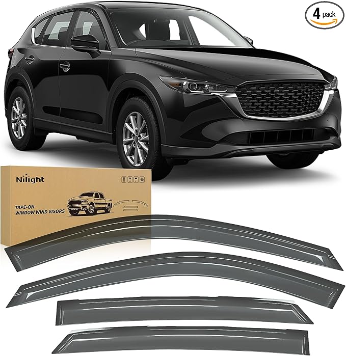 Rain Guards for Mazda CX5 2017 2018 2019 2020 2021 2022 2023 2024 2025, Tape-On Window Visors Outside Mount Vent Visors Window Deflectors Smoke Tint, 4PCS