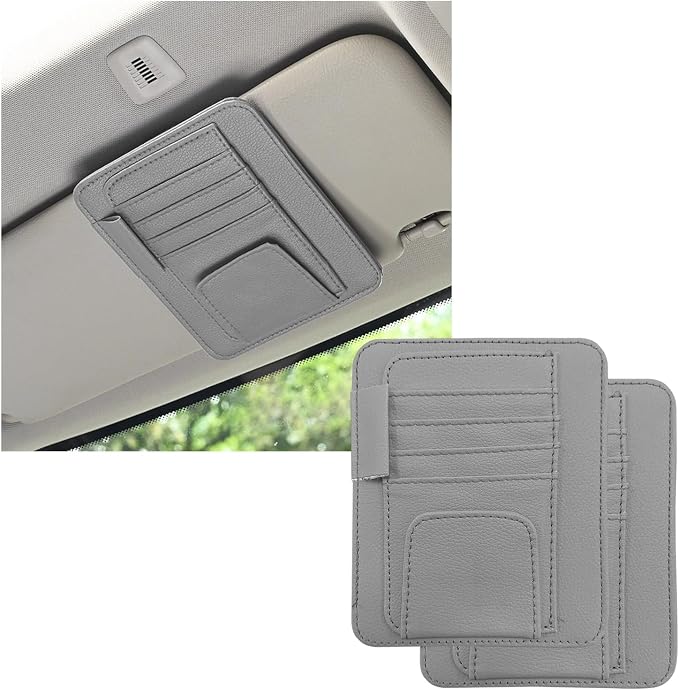 2PCS Small Leather Car Sun Visor Organizer, Multifunctional Auto Visor Document Holder with Sunglasses Clip, Universal Car Interior Organizer for Drving License, Card, Pen (Gray)
