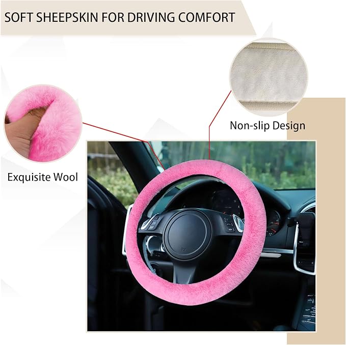 Fuzzy Steering Wheel Cover, 15 inch Soft Wool Fur Steering Wheel Protector, Fluffy Wheel Covers for Winter Warm, Car Interior Decoration Accessories for Women Men (Pink)