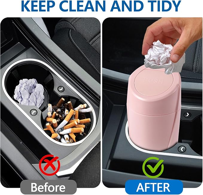 Mini Car Trash Can with Lid, Portable Garbage Can for Car, Leakproof Cup Holder Automotive Garbage Bin with 2 Rolls of Trash Bags, Small Trash Storage Can for Car Home Office(Pink)