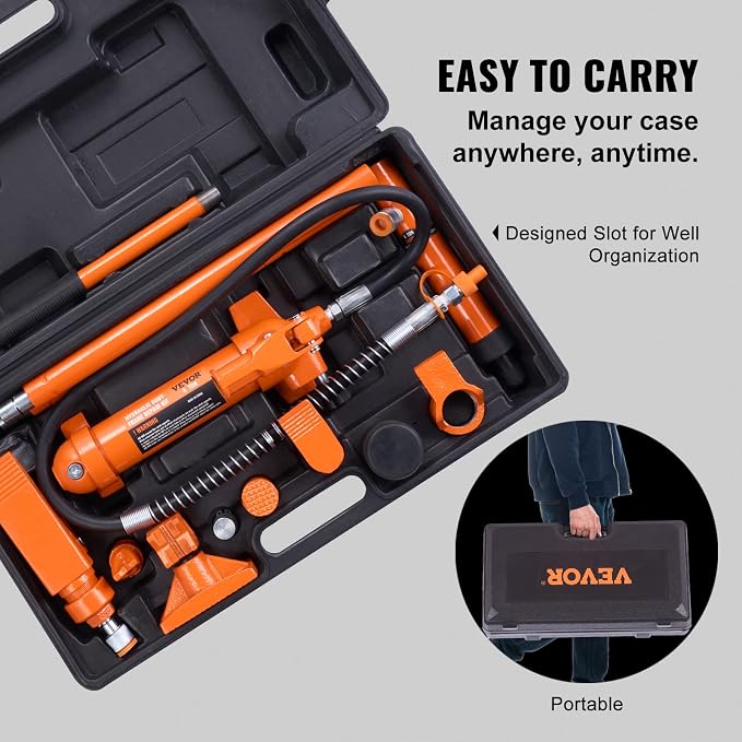 4 Ton Porta Power Kit, Portable Hydraulic Jack with 3.9 ft/1.2 m Oil Hose, Auto Body Frame Repair Kit with Storage Case for Car Repair, Truck, Farm (8800 LBS)