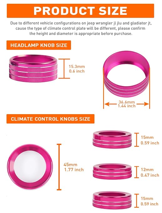 HVAC Climate Control Panel Knob Trim Kit & Light Control Switch Cover, Air Conditioner Knob Aluminum Alloy Ring for 2018-2024 Jeep Wrangler JL JLU & Gladiator JT, Interior Accessories, Pink