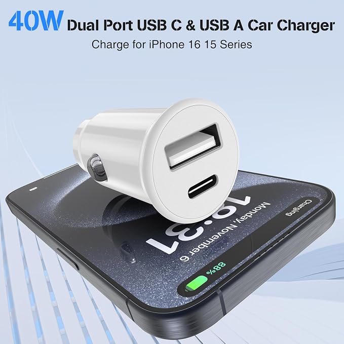 USB C Car Charger for iPhone 17 16 15 Pro Max,40W Dual Port USB-C & USB-A Car Fast Charging Adapter, 2X3FT C to C Cable & A to C Carplay Cable for iPhone 17 16 15 Series/iPhone Air,iPad,Samsung-Purple
