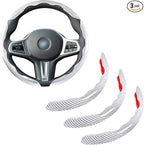 Car Steering Wheel Cover Set Bright Carbon Fiber Wrap Non-Slip 3pcs Steering Wheel Accessories 14.5-15 inch Universal (White)