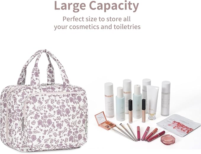 Hanging Floral Toiletry Bag for Women Travel Makeup Bag Organizer Toiletries Bag for Travel Size Essentials Accessories Cosmetics (Dusty Pink Flower (Medium))