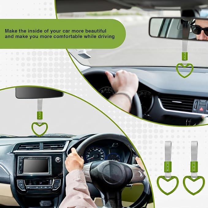 2PCS Heart Shaped Car Handle Straps, Rear Bumper Warning Keychain Ring for Car Exterior Accessories (Green-Silver)