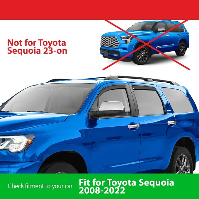 Goodyear Shatterproof in-Channel Window Deflectors for Toyota Sequoia 2008-2022, Rain Guards, Window Visors for Cars, Vent Deflector, Car Accessories, 4 pcs - GY008157