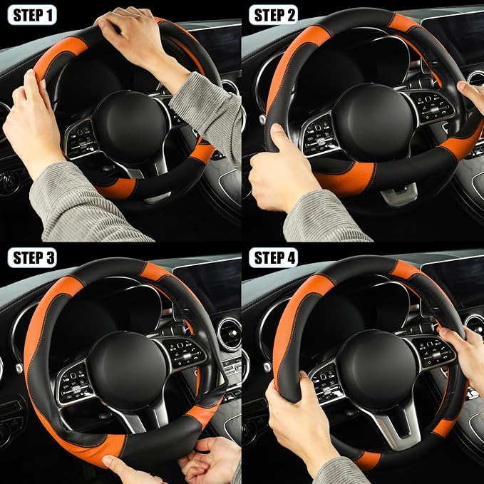 Black Orange Breathable Microfiber Leather Steering Wheel Cover | Breathable Anti Slip Grip Cool Sporty Look Glow for Women Men