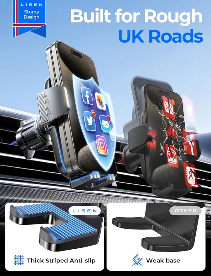 Car Phone Mount, Phone Holders for Your Car [Thick Cases Friendly] Car Vent Phone Holder & Metal Hook Truck Jeep Accessories for iPhone 17 Air Pro Samsung Google and All 4-7'' Phone