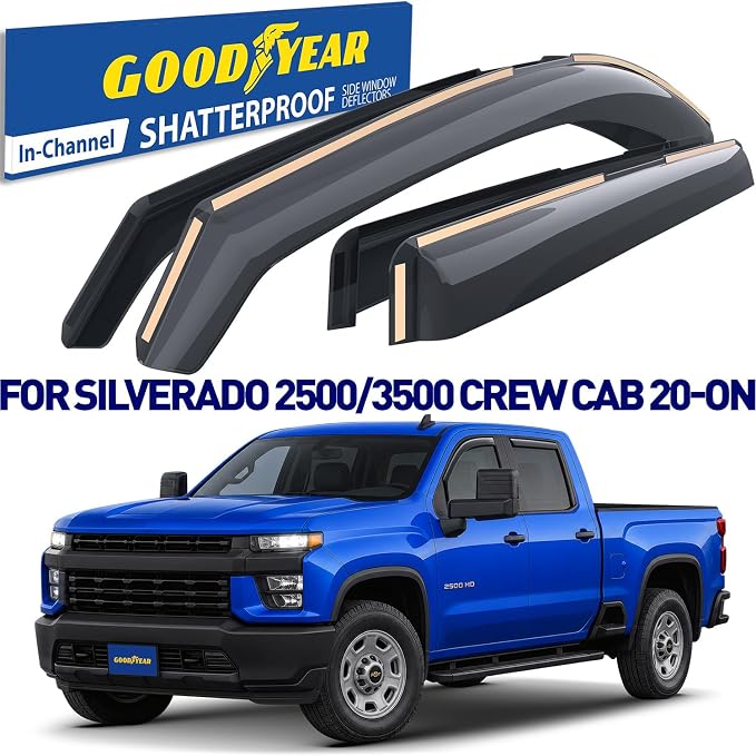 Goodyear Shatterproof in-Channel Window Deflectors for Chevy Silverado/Sierra 2500HD/3500HD 2020-2026 Crew Cab, Rain Guards, Window Visors for Cars, Vent Deflector, Car Accessories, 4 pcs - GY007746