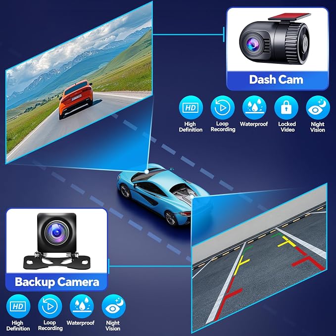 QLED Double Din Car Stereo with Dash Cam & Backup Camera, Wireless Apple CarPlay & Android Auto, Bluetooth, 4.2-Ch 2 Subwoofers Outputs, 7 inch Touchscreen, MirrorLink, FM/AM Radio