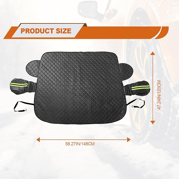 Car Windshield Snow Cover with Side Mirror and Hook, Winter Magnetic Windshield Sun Shade Foldable, Windshield Cover for Ice and Snow, Fit for Small Sedan, Compact SUV, (58"x47") Black