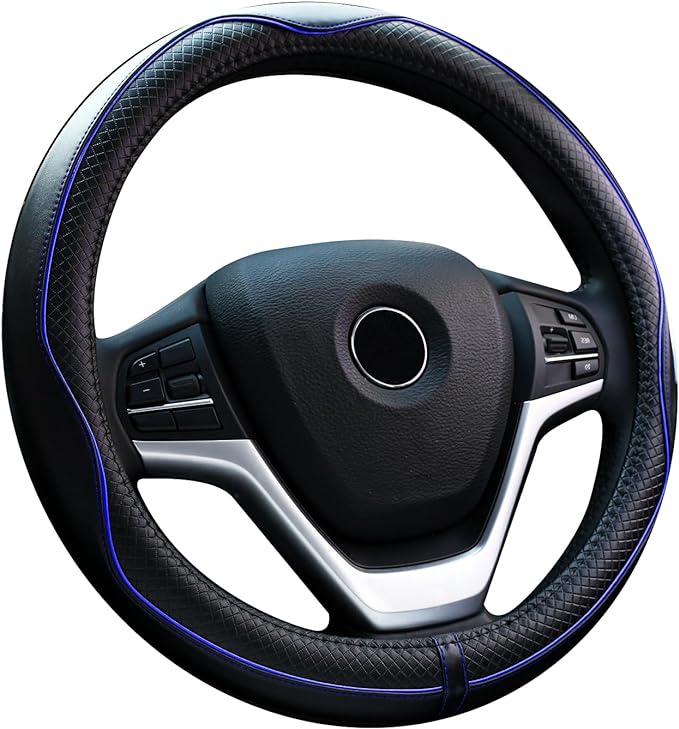 Steering Wheel Covers Universal 15 inch - Genuine Leather, Breathable, Anti Slip & Odor Free (Black with Blue Lines, M(14" 1/2-15" 1/4))