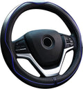 Steering Wheel Covers Universal 15.75 inch - Genuine Leather, Breathable, Anti Slip & Odor Free (Black with Blue Lines, L(15" 1/2-16"))