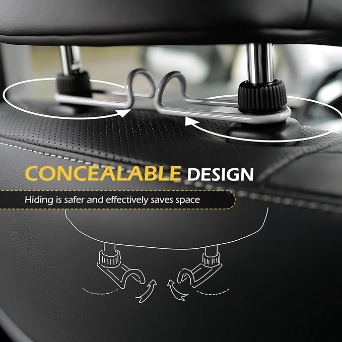 2 PCS Headrest Hooks for Car, 10KG Ultra High Load Bearing Alloy Concealable Swivel Buckle Design Headrest Pole Hook, Seat Headrest Storage Accessory, SayGoodbye to The Messy Space！ (Black)
