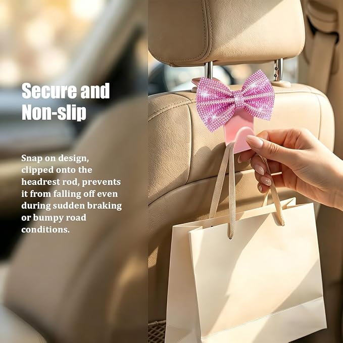 2PCS Bling Bow Car Seat Headrest Hooks, Crystal Rhinestone Vehicle Rear Seat Hanging Storage Hooks for Purses Bags Coats, Auto Headrest Storage Organizer, Universal Fit (Pink)