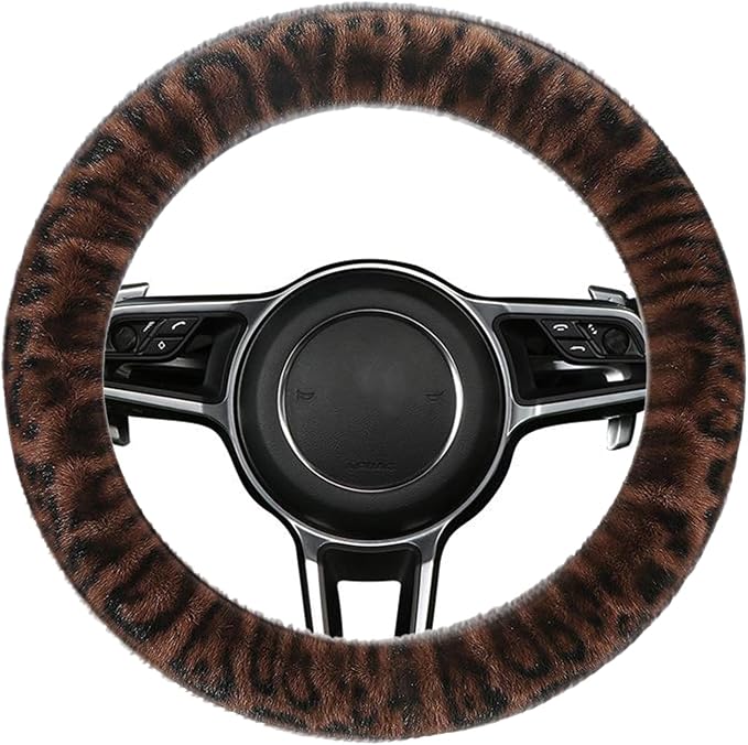 Fluffy Cheetah Car Steering Wheel Cover Luxurious Faux Fur Leopard Print Cute Wheel Protector Universal 15 Inch Fit for Vehicle, Car, Auto, SUV Winter Warm (Coffee)