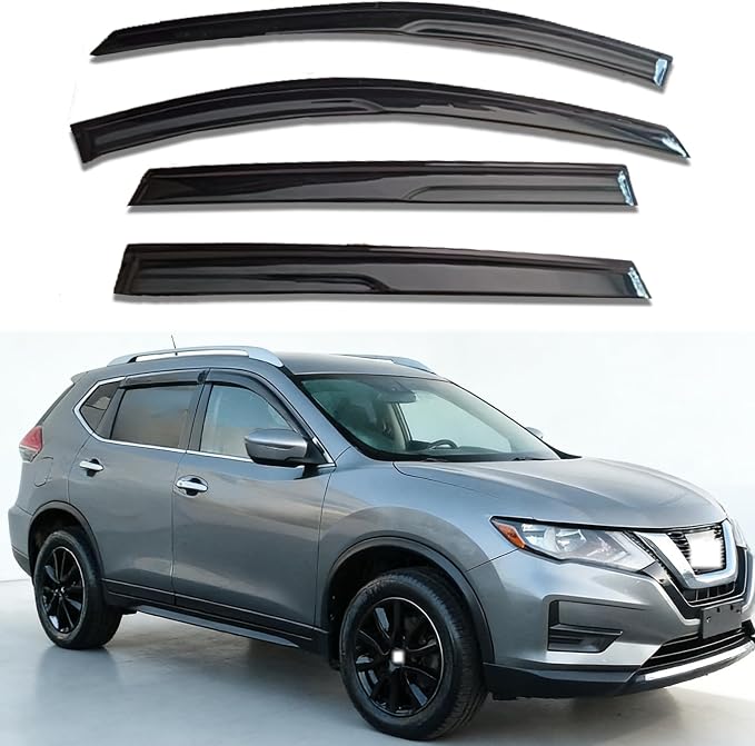 Window Deflectors for Nissan Rogue 2014 2015 2016 2017 2018 2019 2020,Front & Rear Window Visors Rain Guards - 4 Piece Set, Dark Smoke Tint,Tape-On Installation, No Drilling Required