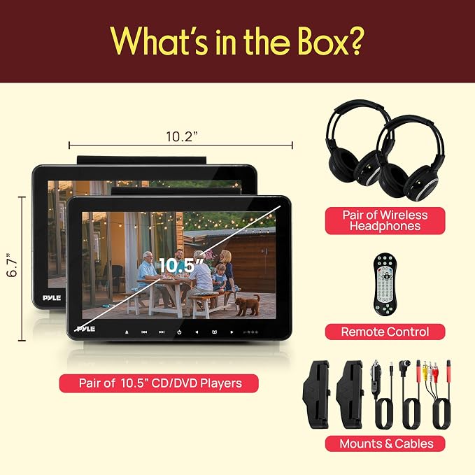 Pyle PLHRDVD108KT 10.5-Inch Universal Headrest Monitors with DVD Players, IR and FM Transmitters and Wireless Headphones